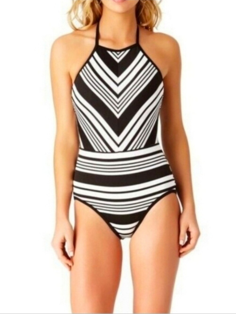Time and True Women Black&White Stripe One Piece Swimsuit Size Medium NWOT